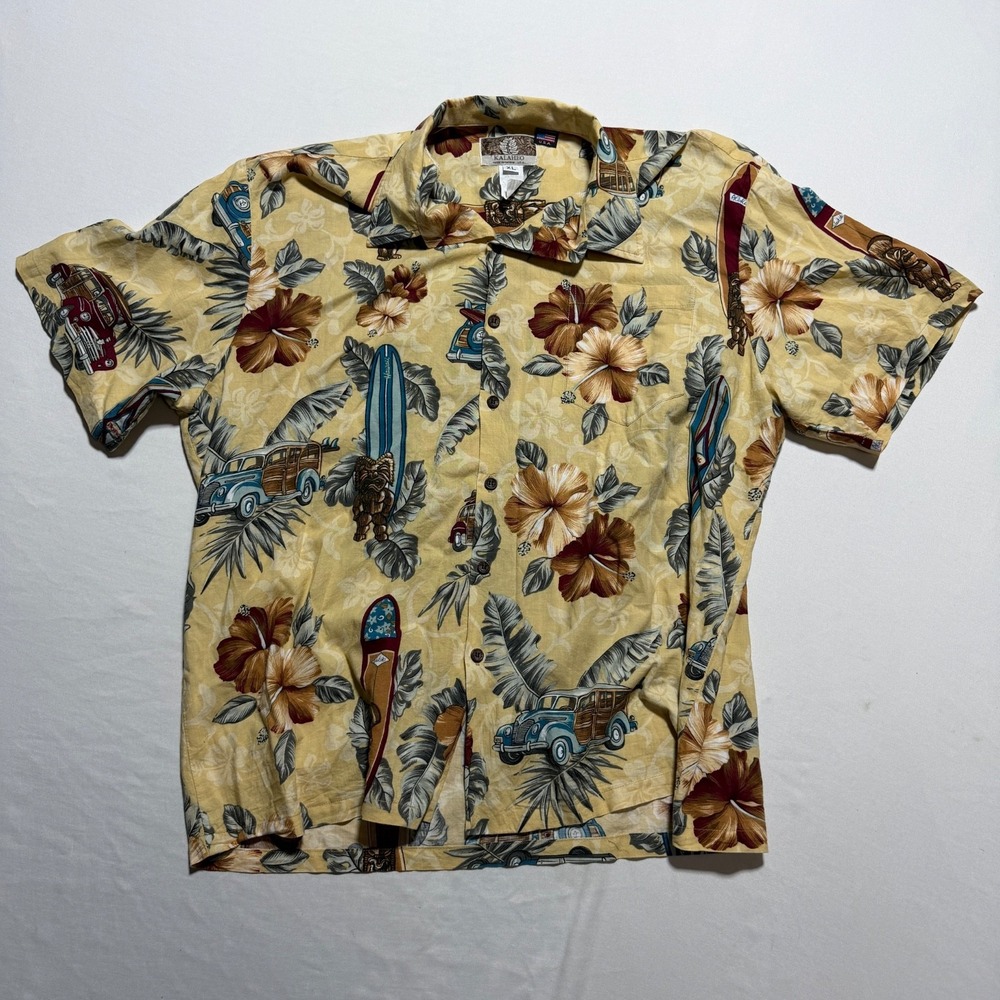 Kalaheo Hawaiian Shirt Men's XL Tiki Surfboard Woodie Car Hibiscus Print USA